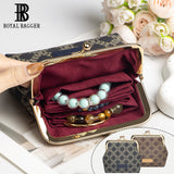 Royal Bagger Elegant Retro RFID Kiss-Lock Coin Purse for Women, Signature Coated Canvas & Vegetable-Tanned Cowhide Leather, Vintage Metal Frame Small Wallet with Card Organizer 3271