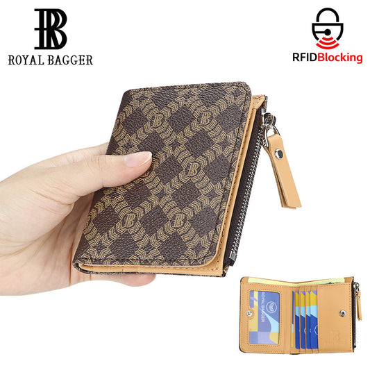 Royal Bagger Signature Coated Canvas & Vegetable-Tanned Cowhide Leather Short Wallet - RFID Blocking, Slim Bifold Coin Purse for Women, Retro & Simple Design 4201