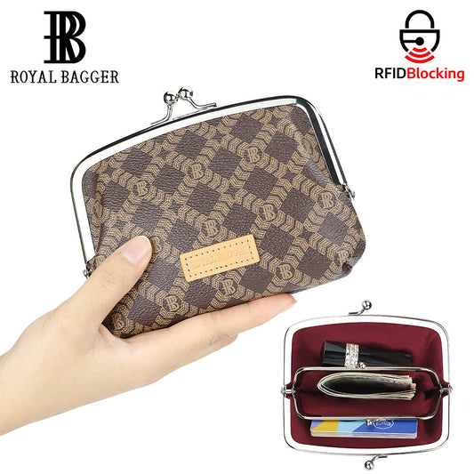 Royal Bagger RFID Coin Purses for Women, Fashion Kiss Lock Change Pouch, Double Clip Key Card Storage Bag, Signature Coated Canvas & Vegetable-Tanned Cowhide Leather 2858