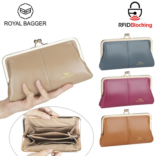 Royal Bagger RFID Genuine Leather Wallet for Women, Kiss Lock Clutch with Multi-Card Slots, Vintage Card Holder Purse 2468