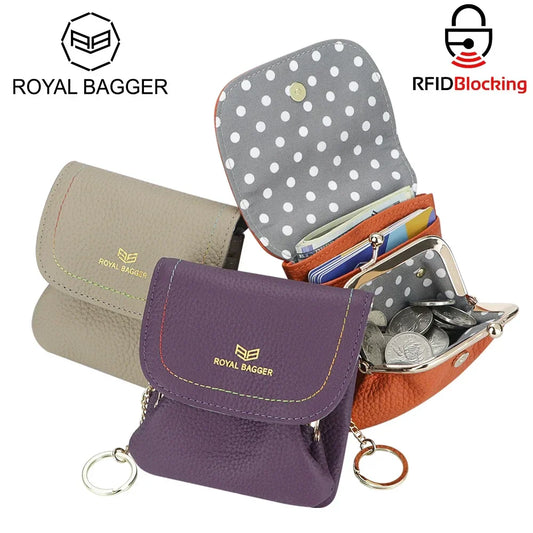Royal Bagger Kiss Lock Coin Purse for Women RFID Simple Card Holder with Removable Keychain Genuine Leather Storage Bag 2622