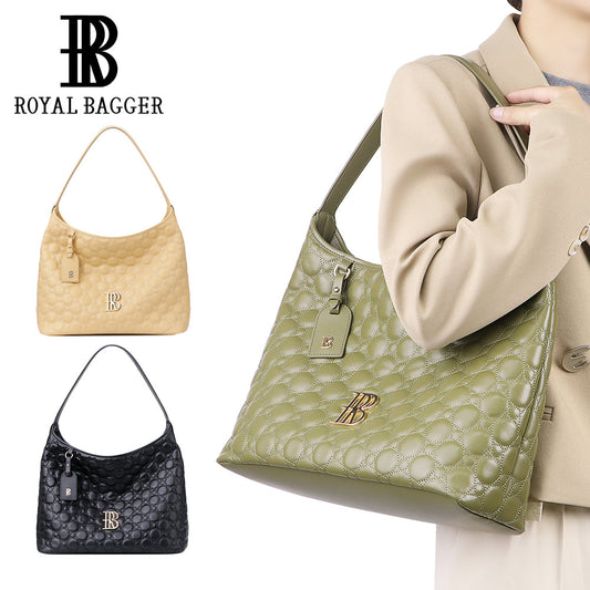 Royal Bagger Genuine Cow Leather Quilted Tote Bag for Women, Large Capacity Handbag, Fashion Shoulder Underarm Purse 3269