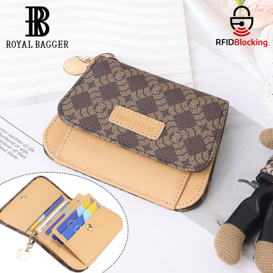 Royal Bagger RFID Women's Multi-Card Slots Wallet – Signature Coated Canvas & Vegetable-Tanned Cowhide Leather Credit Card Holder, Coin Purse with Keychain 3443