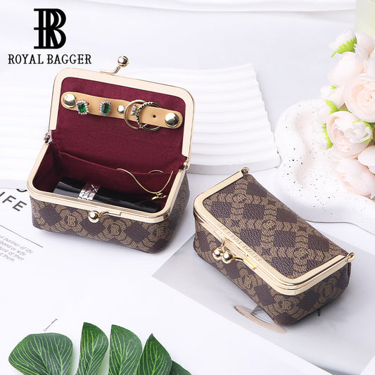 Royal Bagger Women's Jewelry Box – Mini Case for Rings, Necklaces & Earrings, Coated Canvas & Vegetable-Tanned Cowhide Leather with Kiss Lock Coin Purse 5203