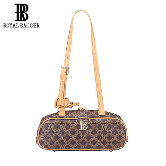 Royal Bagger Coated Canvas & Vegetable-Tanned Leather Shoulder Bag for Women – Retro Cylinder Purse, Adjustable Strap 5249