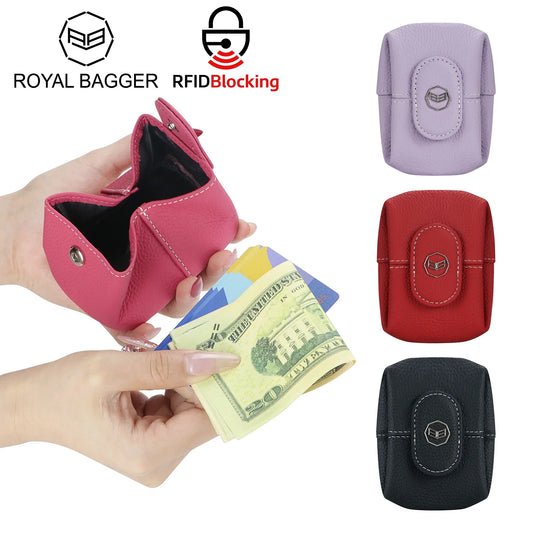 Royal Bagger RFID Mini Genuine Leather Women's Coin Purse - Solid Color Buckle Pouch for Keys, Earphones & Daily Essentials 3603