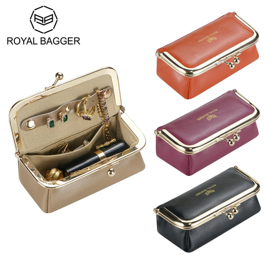 Royal Bagger Genuine Leather Jewelry Box, Mini Organizer for Rings, Necklaces & Earrings, Women's Kiss Lock Coin Purse 3125