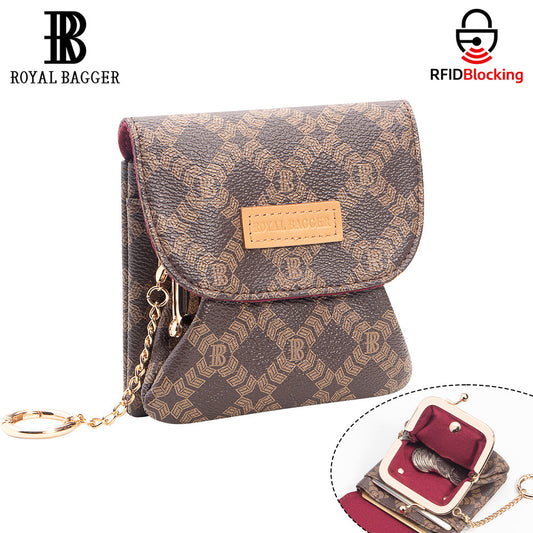 Royal Bagger RFID Coin Purse & Card Holder for Women, with Removable Keychain, Coated Canvas & Vegetable-Tanned Leather Storage Bag 5622