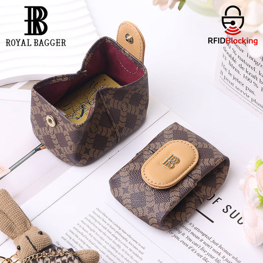 Royal Bagger RFID Mini Coin Purse for Women – Signature Coated Canvas & Vegetable-Tanned Cowhide Leather, Small Wallet Pouch for Keys, Earphones & Essentials 7603