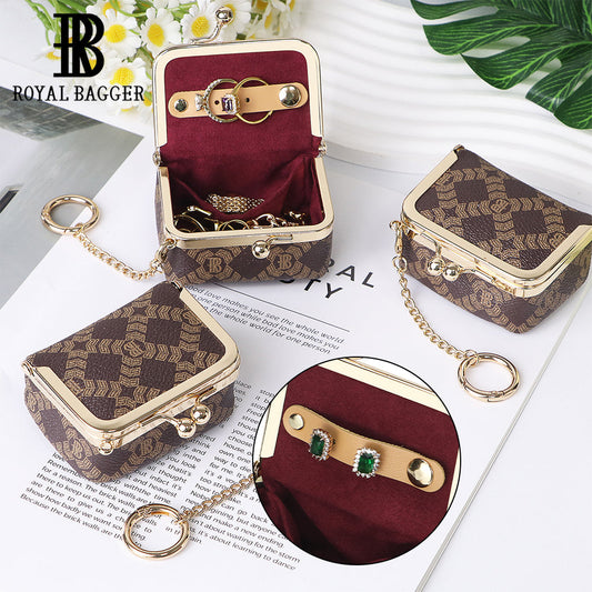 Royal Bagger Women's Mini Jewelry Box & Coin Purse with Removable Chain – Signature Coated Canvas & Vegetable-Tanned Cowhide Leather, Small Kiss Lock Storage Bag 9894