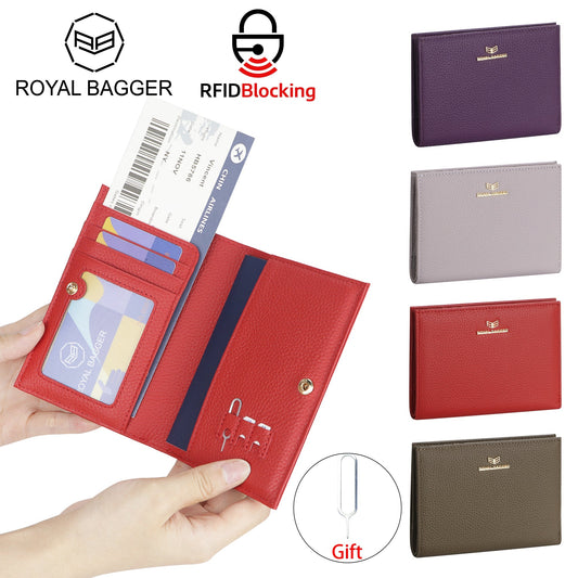 Royal Bagger RFID Genuine Leather Passport Wallets for Women, Travel Wallet with Card Slots, SIM Card Storage and Tool 4090